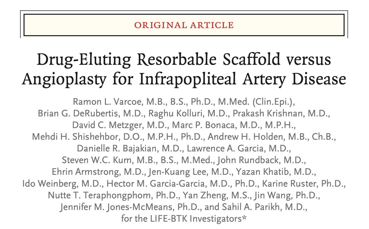 And here again are the resorbable scaffolds, which restart their journey below the knee. In LIFE-BTK, compared with PTA, the Esprit BTK scaffold reduced a composite of limb salvage and primary patency at 1 year, with a number needed to treat of 4. #TCT2023 nejm.org/doi/full/10.10…