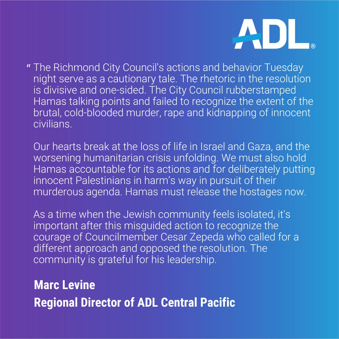 ADL Central Pacific Regional Director @MarcLevine on Richmond City Council's adoption of a deeply one-sided resolution last night. Read more here: tinyurl.com/ye22hdwd