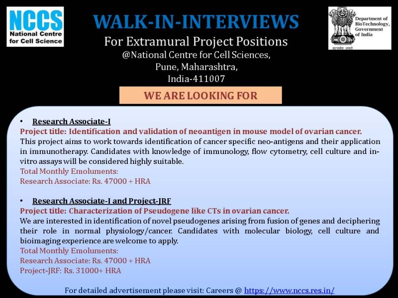 I look forward to interacting with candidates for the following positons on extra-mural grants for my lab. Dates of walk-in interviews - 1st and 2nd November, 2023