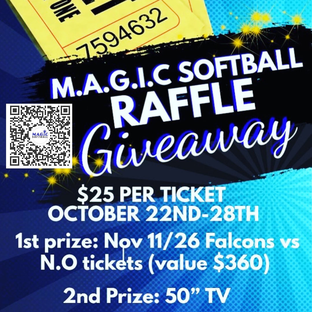 Want to win tickets to the Falcons Vs Saints games Or Win A Tv. Raffle Tickets on sale now! #Raffle #Fundraiser #Giveaway #Softball #SoftballFundraiser #SupportTheYouth #TeamMAGIC #MAGICsoftball #DonationsAccepted
