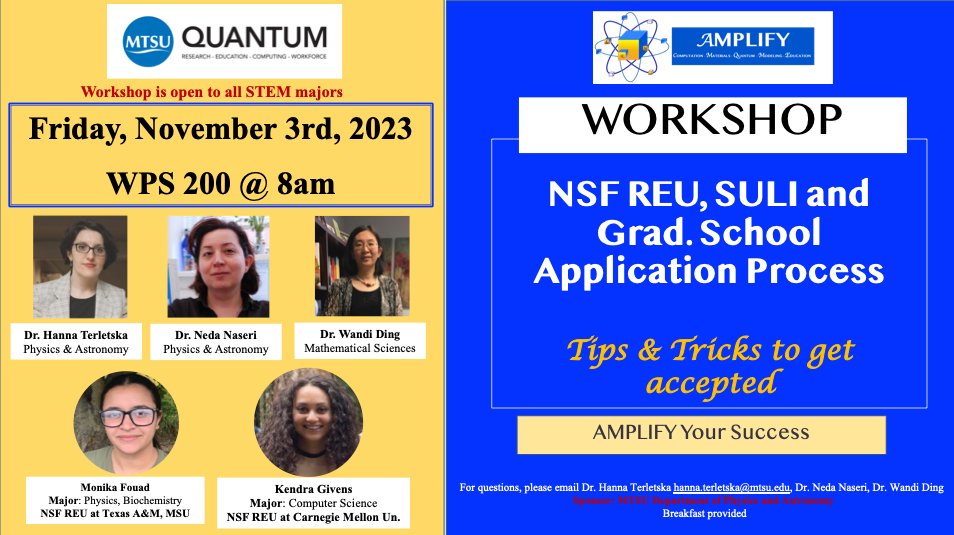 Topic: NSF REU, SULI and Grad School application Workshop

When &amp; where: Friday, November 3rd, @ 8am in WPS 200.