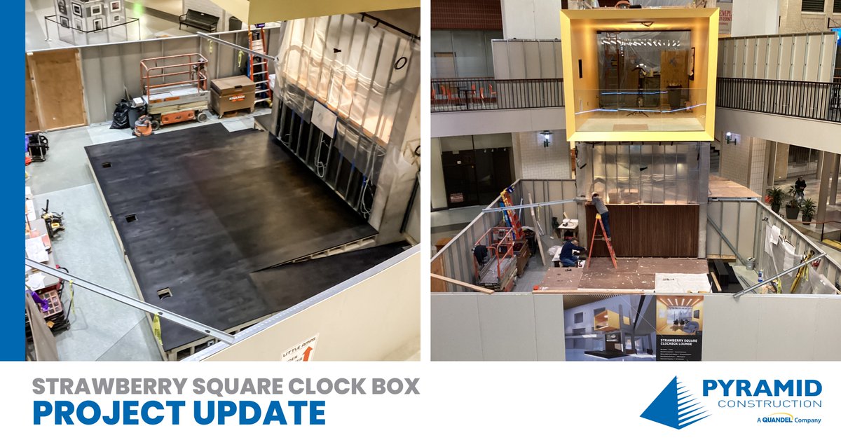 Making progress on the some of the final elements on the project in <a href="/Strawberry_Sq/">Strawberry Square</a>. Work is being done to complete the 1st floor stage area &amp; the 2nd floor cantilevered meeting &amp; entertainment space. We’re excited to see this unique space become a showplace in this downtown hub.