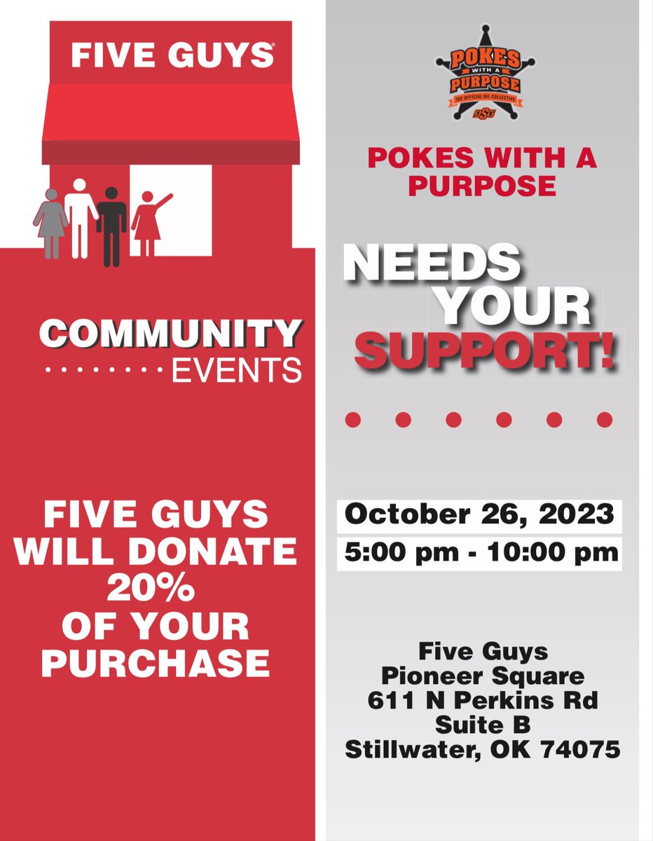 Huge shout out to Five Guys for allowing us to host an event that y’all are all invited to!🤠 20% of your purchase from Five Guys, on October 26th, will be donated to Pokes With A Purpose! A great event that can bring us all together for the future of Oklahoma State