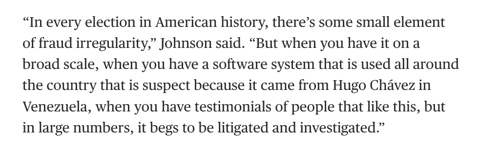 sahilkapur's tweet photo. Newly elected House Speaker Mike Johnson gave a radio interview in mid-November 2020 and promoted the conspiracy theory about Hugo Chávez and Dominion voting systems. https://t.co/enioaJ184d https://t.co/wfMVg5loMT