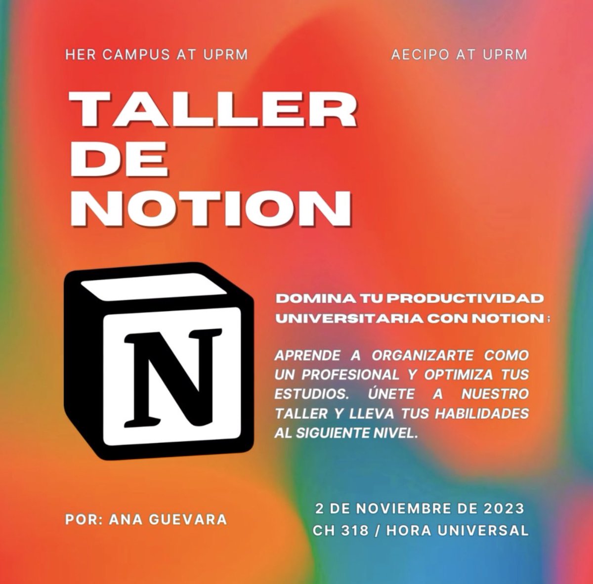📚 El 2 de noviembre de 2023 la AECIPO se unirá a @hercampusuprm para ofrecer  un taller imperdible sobre el uso de Notion. Descubre cómo esta herramienta revoluciona la organización personal y colaborativa. ¡Prepárate para potenciar tu productividad! 💡🚀 #NotionWorkshop