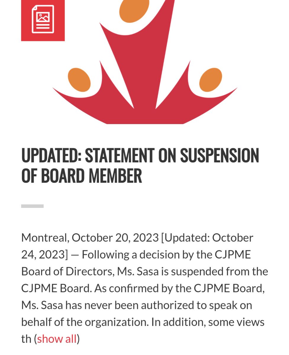 drghadasasa's tweet image. Yesterday, October 24, I was suspended as a Board Member from @CJPME. This organization, which is led by two white men @thomaswoodley1 &amp;amp; @mbueckert presents itself as the largest Palestine solidarity group in "Canada" while silencing &amp;amp; punishing dissenting Palestinian voices. 1/