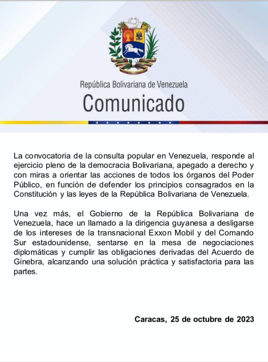 #Comunicado Venezuela rechaza de manera contundente las declaraciones emitidas por el Presidente de la República Cooperativa de Guyana, Irfaan Alí, donde una vez más, se inmiscuyen en asuntos que son de absoluta competencia de los venezolanos.