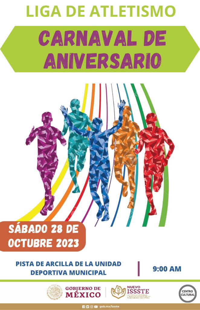 IsssteHidalgo's tweet image. Las Oficinas de @IsssteHidalgo, te invitan a participar en la liga de atletismo #CarnavalDeAniversario, el próximo sábado 28 de octubre a las 09:00 hrs, en la Pista de Arcilla de la Unidad Deportiva Municipal, consulta las bases. 

¡Participa! 

#NuevoIssste