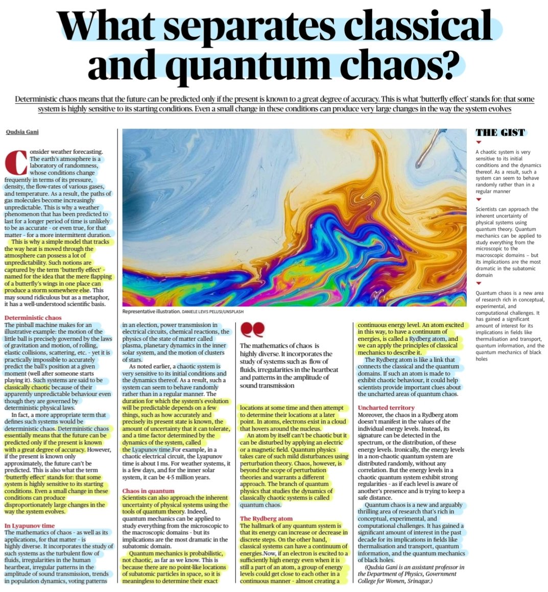 imRavikantYadav's tweet photo. 'What separates Classical and Quantum Chaos?'
: Well explained by Ms Qudsia Gani
#ClassicalChaos #QuantumChaos
#DeterministicChaos
#quantum
#LyapunovTime #QuantumMechanics
#RydbergAtom
#UPSC
Source: IE https://t.co/jSoSVHpvsl