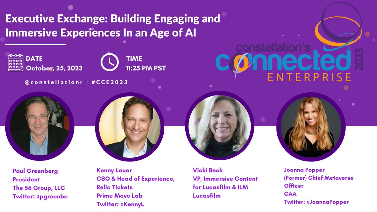 Now up: @pgreenbe, @KennyL, @JoannaPopper and Vicki Beck sit down to talk about building engaging and immersive experiences in an age of #AI bit.ly/48bVhTc #CCE2023
