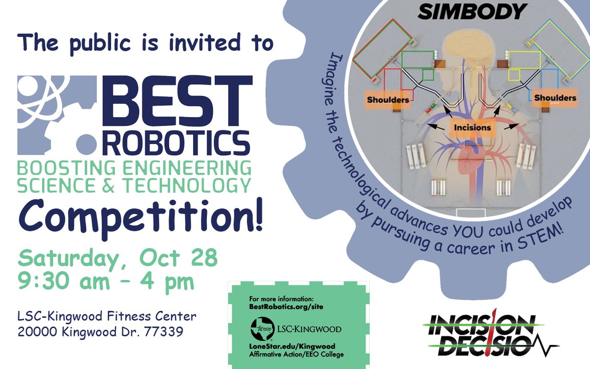 LSC_Kingwood's tweet image. It will be a battle of brains and bots during the &quot;BEST&quot; Robotics competition on Saturday - right here on our Kingwood campus! Teams will complete medical operations with robots they designed. The public is invited!
#LoneStarCollegeKingwood #BESTRobotics #IncisionDecision