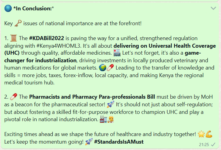 A great week of advocacy with <a href="/PSofKenya/">The Pharmaceutical Society of Kenya (PSK)</a> for the SocioEconomic transformation of 🇰🇪 via #UHC4All (affordable quality meds) and Industrialization (#Kenya4WHOML3 for expanded markets for locally made human &amp; vet meds).   

#StandardsIsAMust #AfyaNyumbani

🇰🇪🇰🇪🇰🇪🇰🇪🇰🇪🇰🇪🇰🇪🇰🇪🇰🇪🇰🇪🇰🇪🇰🇪