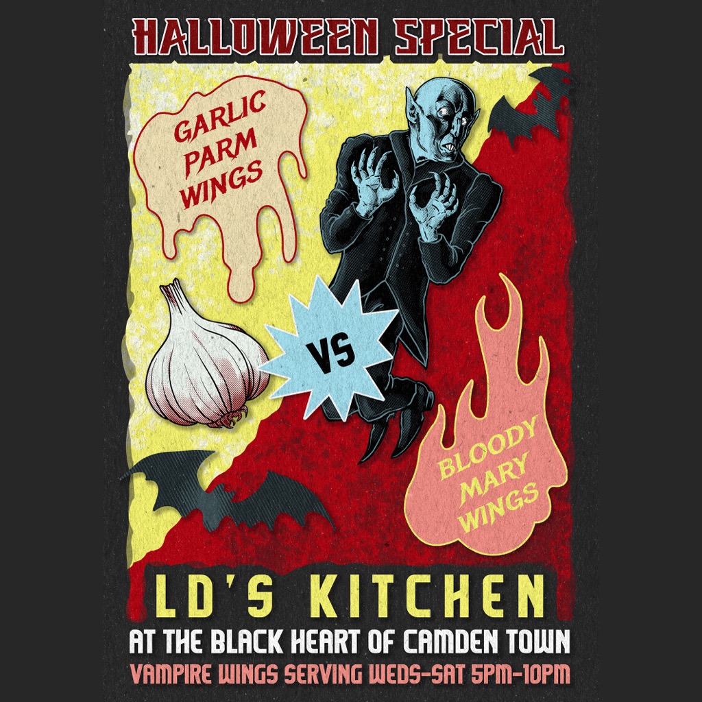 Today 'til 5th Nov LD’s Kitchen will be serving up a gorgeously bloodthirsty HALLOWEEN SPECIAL, as our VAMPIRE WINGS are hitting the already devilishly good menu here at The Black Heart Garlic Parmesan VS Bloody Mary flavours... choose your poison ! (All vegan, tasty as hell)