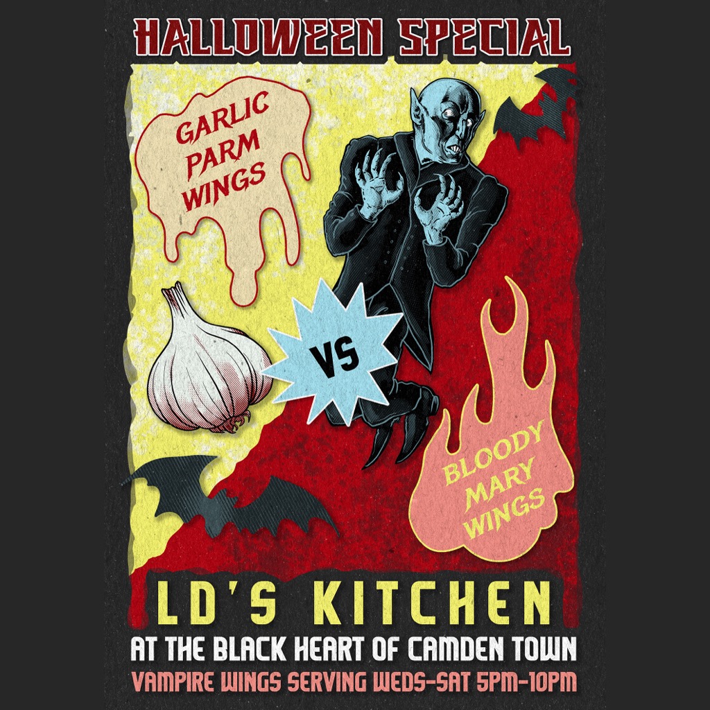 Today 'til 5th Nov LD’s Kitchen will be serving up a gorgeously bloodthirsty HALLOWEEN SPECIAL, as our VAMPIRE WINGS are hitting the already devilishly good menu here at The Black Heart
Garlic Parmesan VS Bloody Mary flavours... choose your poison ! (All vegan, tasty as hell)