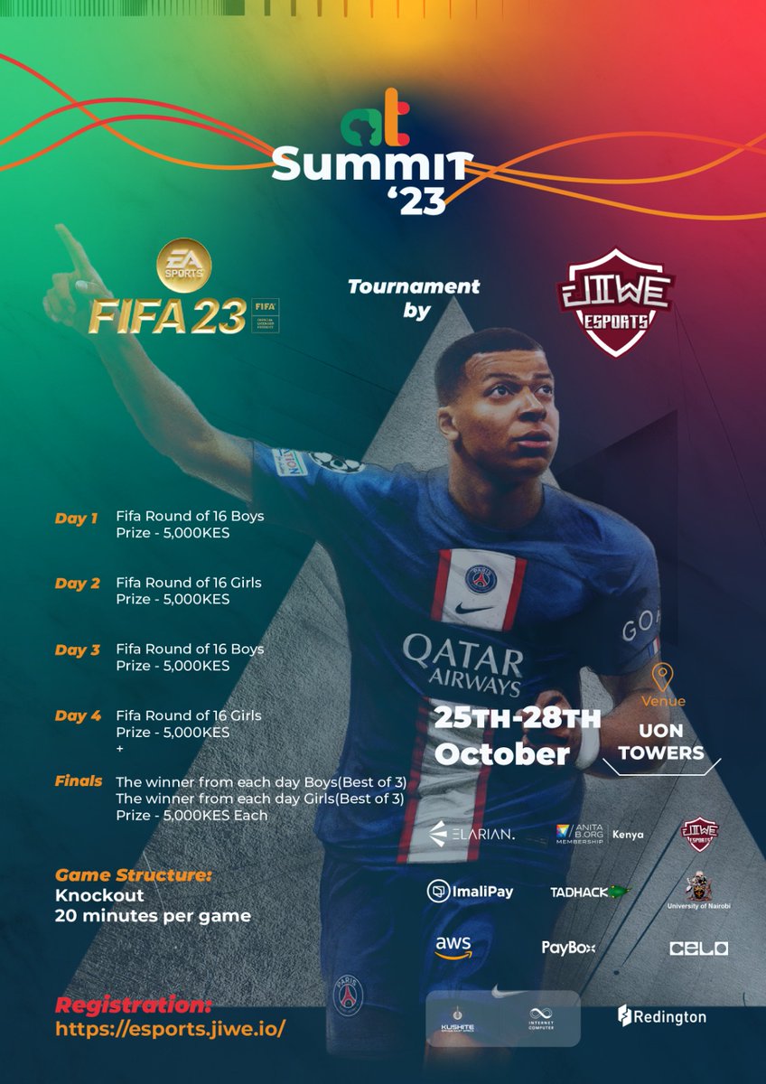 'Game on, folks! 🎮⚽️ Join the adrenaline-fueled excitement as the FIFA tournament, hosted by @jiwe_io, kicks off LIVE! Don't miss the heart-pounding action, tune in now: [youtube.com/live/M5Jeq7xgy…] 🕹️🔥 #ATSummit, #BuildWithAT, #WeLoveNerds, #WeAreUoN #SiNiUoN…