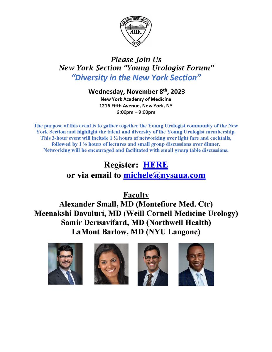 On Nov. 8, join Dr. Meenakshi Davuluri (@MeenaDavuluri) at @NYAMNYC's NYS 'Young Urologist Forum' which gathers the Young Urologist community of the New York Section and highlights the talent & diversity of the Young Urologist membership. Register today➡️bit.ly/46q1eL1