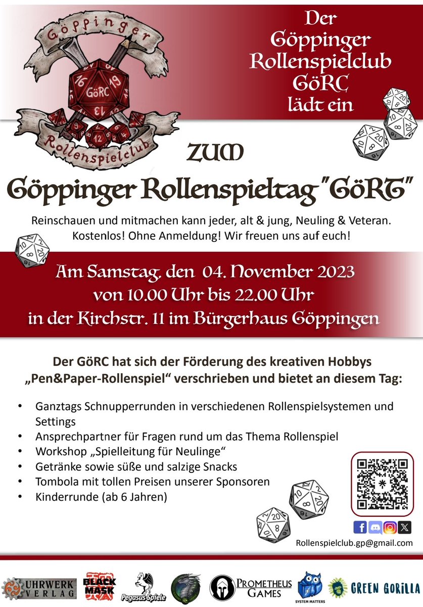 GoeRC_'s tweet photo. Ein bisschen was zum Programm... 😉
#Göppingen #Rollenspielclub #GöRC #PenandPaper #Rollenspiel #RPG #Rollenspieltreff #Rollenspieltag #GöRT
#UlissesSpiele #BlackMaskVerlag #SystemMatters #GreenGorilla #PegasusSpiele #PrometheusGames #PerdakonVerlag https://t.co/Zlps5sgxIe