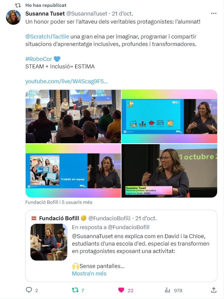 EnricBolano's tweet photo. El proppassat dissabte 21-10-23 dins de la Jornada #ScratchJrTactile al @hubsocialbcn ens va explicar @SusannaTuset  el projecte del @SagratCorSarria centre #STEAMcat 💖 cicle 18-21-22 🌟
per a l'alumnat del centre #Nadís

🌟#RoboCor 💙STEAM + #inclusió= ESTiMA 🌟 https://t.co/juQWl9JacP