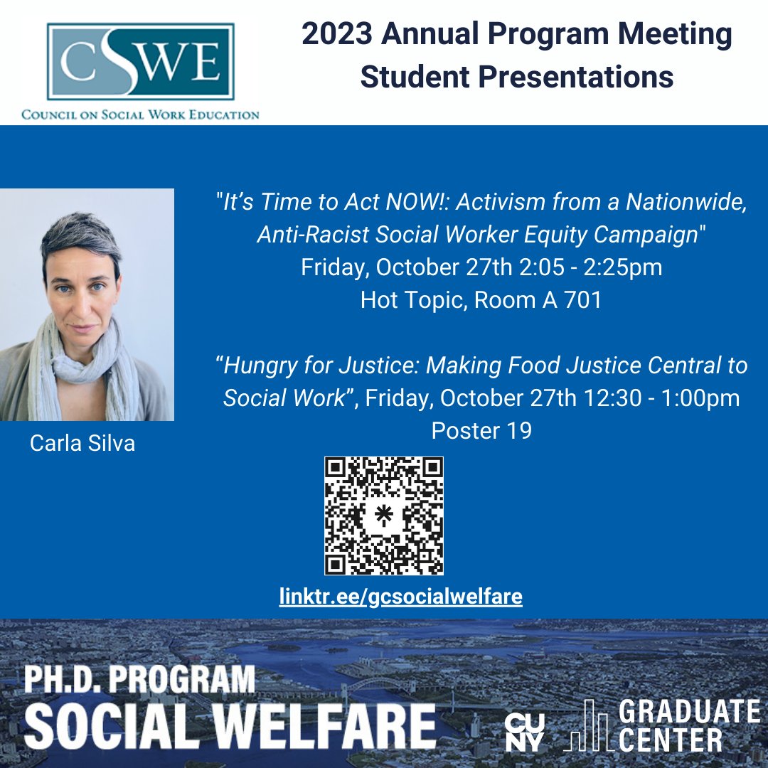 GCSocialWelfare's tweet image. Heading to @CSocialWorkEd #apm2023 #cswe2023? Check out our students&apos; presentations!

@GC_CUNY @silbermanssw

@swkrequity

#socialworktwitter #academicchatter