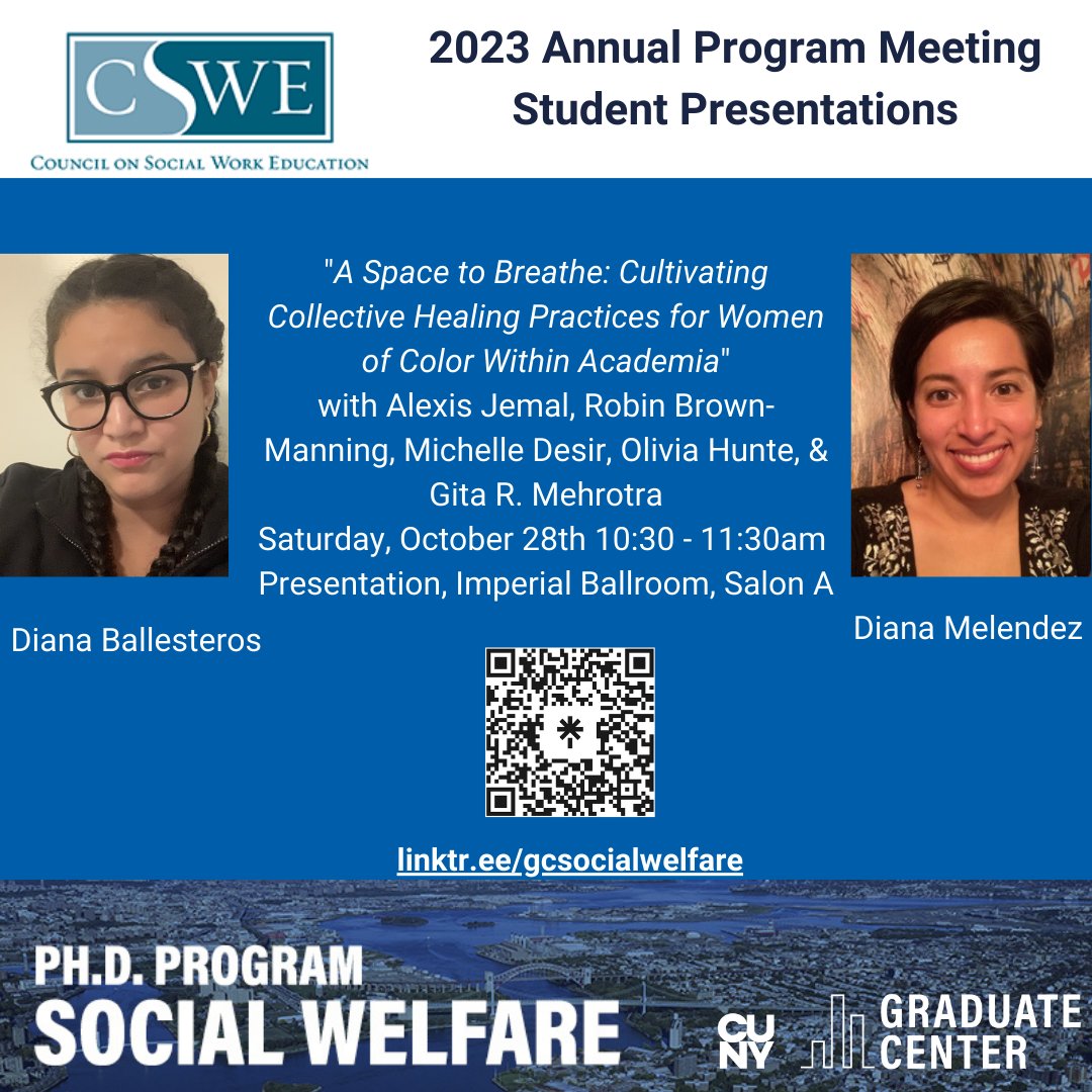GCSocialWelfare's tweet image. Heading to @CSocialWorkEd #apm2023 #cswe2023? Check out our students&apos; presentations!

@GC_CUNY @silbermanssw

@swkrequity

#socialworktwitter #academicchatter
