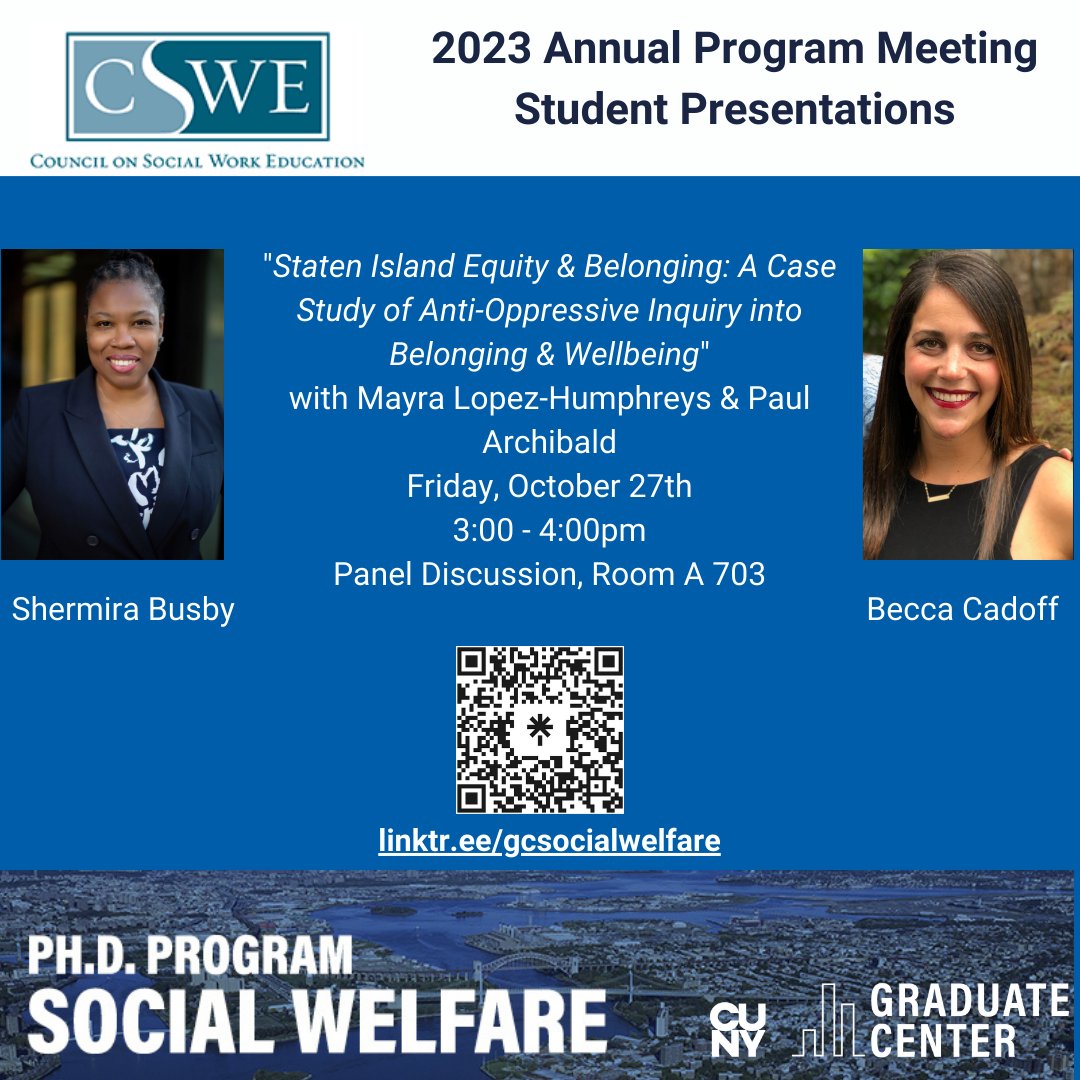 GCSocialWelfare's tweet image. Heading to @CSocialWorkEd #apm2023 #cswe2023? Check out our students&apos; presentations!

@GC_CUNY @silbermanssw

@swkrequity

#socialworktwitter #academicchatter