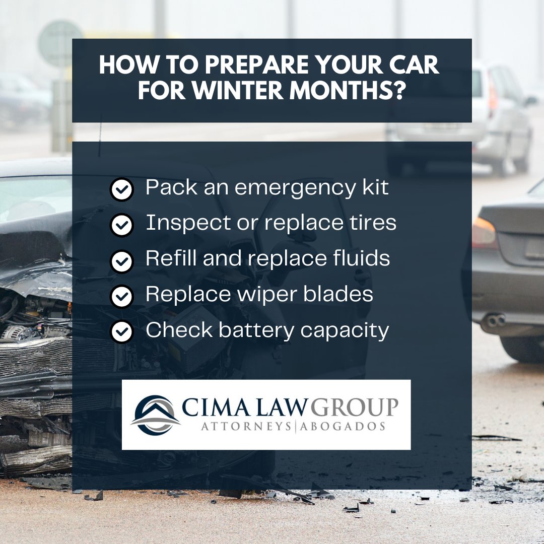 CIMALawGroup's tweet photo. Stay safe on the road this upcoming winter! Before the rain and ice arrive, here are some essential steps to prep your vehicle. Let's ensure a collision-free season! If you find yourself in a car accident, call CIMA Law Group immediately at 623-377-4191. We're ready to help! https://t.co/RTtWmicECN