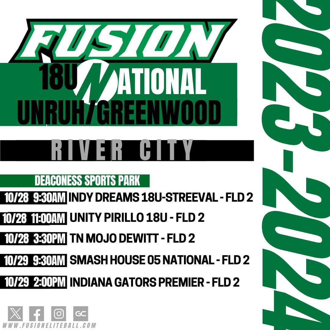 Fusion 18U National Unruh/Greenwood (@fusionsb_unruh) on Twitter photo Ready to build on last week at the River City Showcase by <a href="/PrepsSoftball/">Softball Preps</a> in Evansville, IN against the best! Check us out live or on our stream. Game times & locations below! <a href="/ExtraInningSB/">EXTRA INNING SOFTBALL</a> @Los_Stuff <a href="/D1Softball/">D1Softball</a> <a href="/IHartFastpitch/">I❤️Fastpitch</a>
#LLAP
#FusionFamily
#GirlsinGreen Ready to build on last week at the River City Showcase by <a href="/PrepsSoftball/">Softball Preps</a> in Evansville, IN against the best! Check us out live or on our stream. Game times & locations below! <a href="/ExtraInningSB/">EXTRA INNING SOFTBALL</a> @Los_Stuff <a href="/D1Softball/">D1Softball</a> <a href="/IHartFastpitch/">I❤️Fastpitch</a>
#LLAP
#FusionFamily
#GirlsinGreen