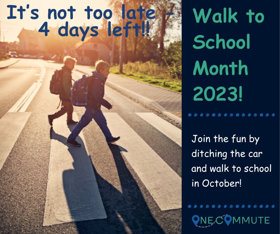 OneCommute's tweet photo. Make a difference - Walk to School in October - 4 Days Left!
#OneCommute #walktoschool https://t.co/CCKw8vcljG