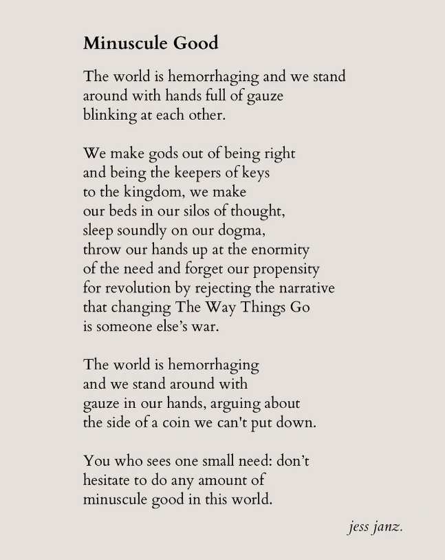 "You who sees one small need: don't hesitate to do any amount of minuscule good in this world." -<a href="/jessjanz/">Jess Janz</a>    

I'll take any amount of good we can all muster at the moment.