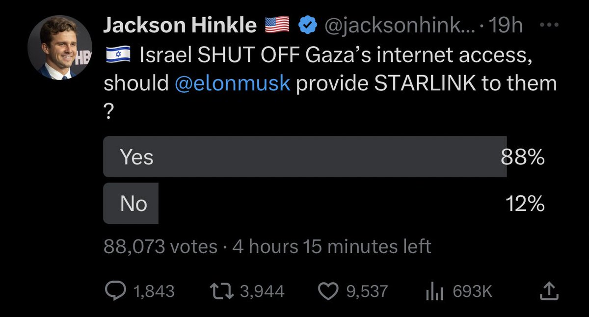 jacksonhinklle's tweet image. 🇵🇸 The people have spoken @elonmusk — StarLink for Gaza will SAVE INNOCENT LIVES!