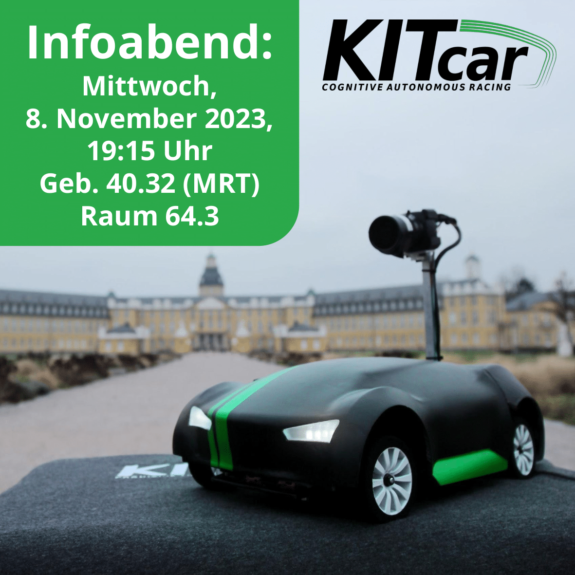 Unser Infoabend findet dieses Semester am 08.11. statt! 🏎️
Schaut gerne vorbei wenn ihr ein Teil von KITcar werden und mit an unserem autonom fahrenden Modellauto arbeiten wollt!