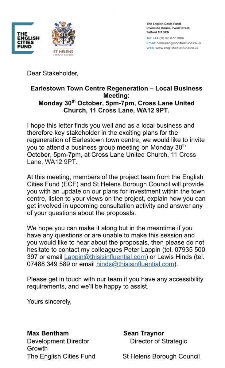 Calling all #Earlestown town centre businesses! Please attend our #Earlestown Town Centre #Regeneration meeting on Monday 30th October (5-7pm) at Cross Lane United Church to find out the latest plans for #Earlestown town centre regeneration! #StHelens