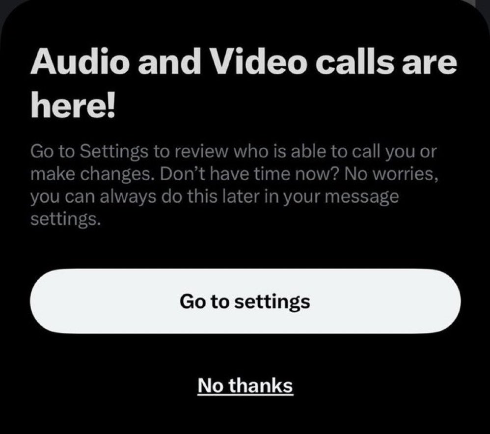 U_HRao1's tweet photo. BREAKING:

 X/Twitter introduces video and audio calls

@X @elonmusk @ElonMuskAOC 
#TwitterX #Twitter #XCall #XaudioVideo #Twittercall #KhadijahShah https://t.co/oRn7PDbuux