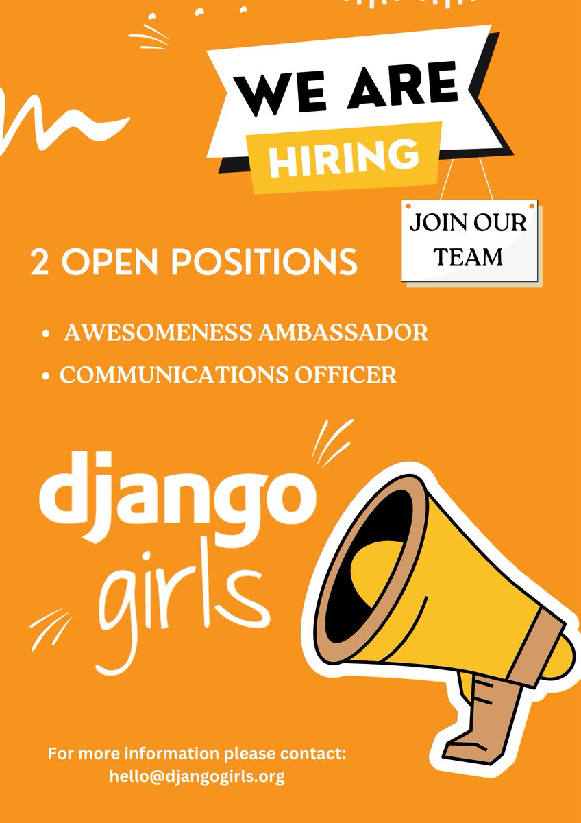 🚀Django Girls is hiring!🚀

Explore two amazing remote, part-time roles on an initial 6-month contract:

⭐️Awesomeness Ambassador
⭐️Communications Officer

Feel free to apply for one or both positions!

Apply here:👇
linkedin.com/jobs/view/3748…

#JobOpportunity #RemoteWork #Django🚀