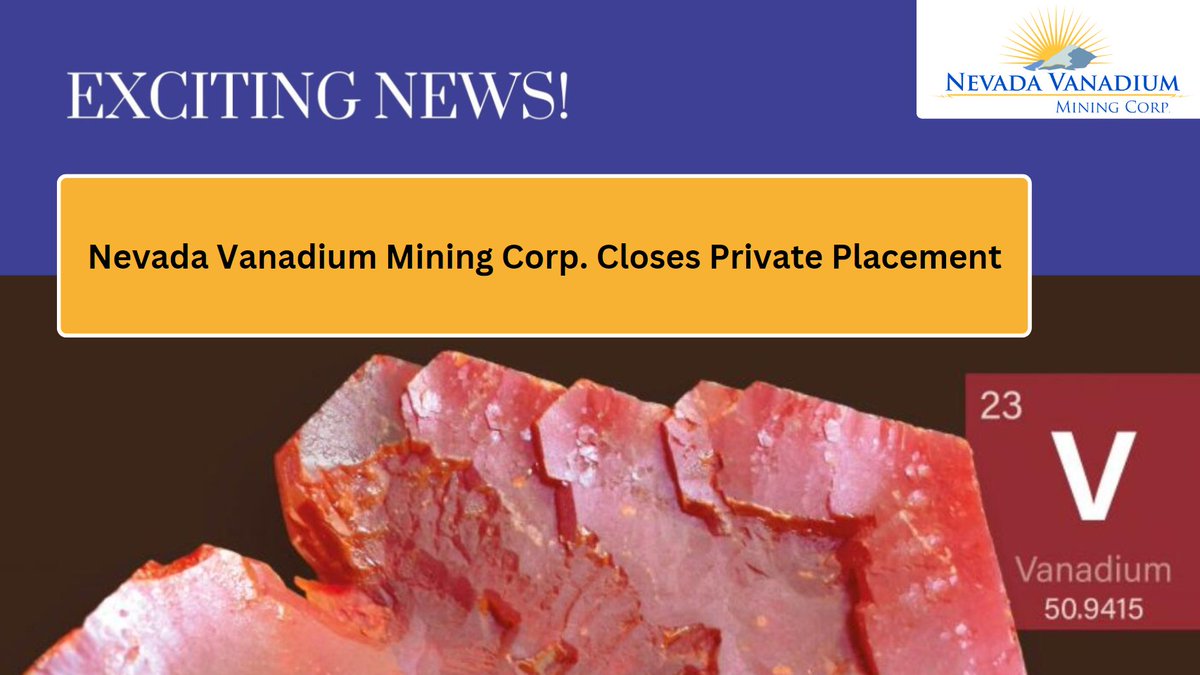 NevadaVanadium's tweet photo. 📰NEWS RELEASE//Nevada Vanadium Mining Corp. Closes Private Placement

Learn More>>>
https://t.co/5IH1j9vQJ3

#greenenergy #cleanenergy #VRFB #vanadium #vanadiummining #nickel #rareearth #batterymetals #rocktechlithium #largoresources #VRFB #juniormining #Mining #Miningnews https://t.co/gv62iLypGX
