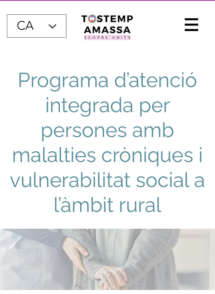 TOSTEMP AMASSA sempre units
Programa d’atenció integrada per persones amb malalties cròniques i vulnerabilitat social a l’àmbit rural.

tostempamassa.wixsite.com/inici
<a href="/JoaquinPastor83/">Joaquín Pastor</a> <a href="/sisco_onso/">Francesc Mayench</a> <a href="/MartinezVena/">Ana Vena Martinez</a> <a href="/FranchSoles/">SolesFranch</a> <a href="/babucha34/">MIGUEL ANGEL</a>