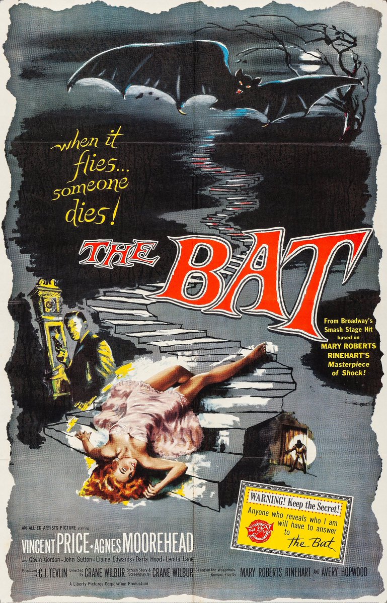 JamesFearX's tweet image. #31DayHorrorChallenge
Day 25 Vincent Price
#100DaysOfHorror
#Horror365Challenge
#100HorrorMoviesin92Days
#NightmareonFilmStreet
#Zombiesteve52 Black/White

#NowWatching
The Bat 1959
Dir. Crane Wilbur

#HorrorMovies
#Horror #HorrorFamily
#HorrorCommunity
#HorrorFam #MutantFam