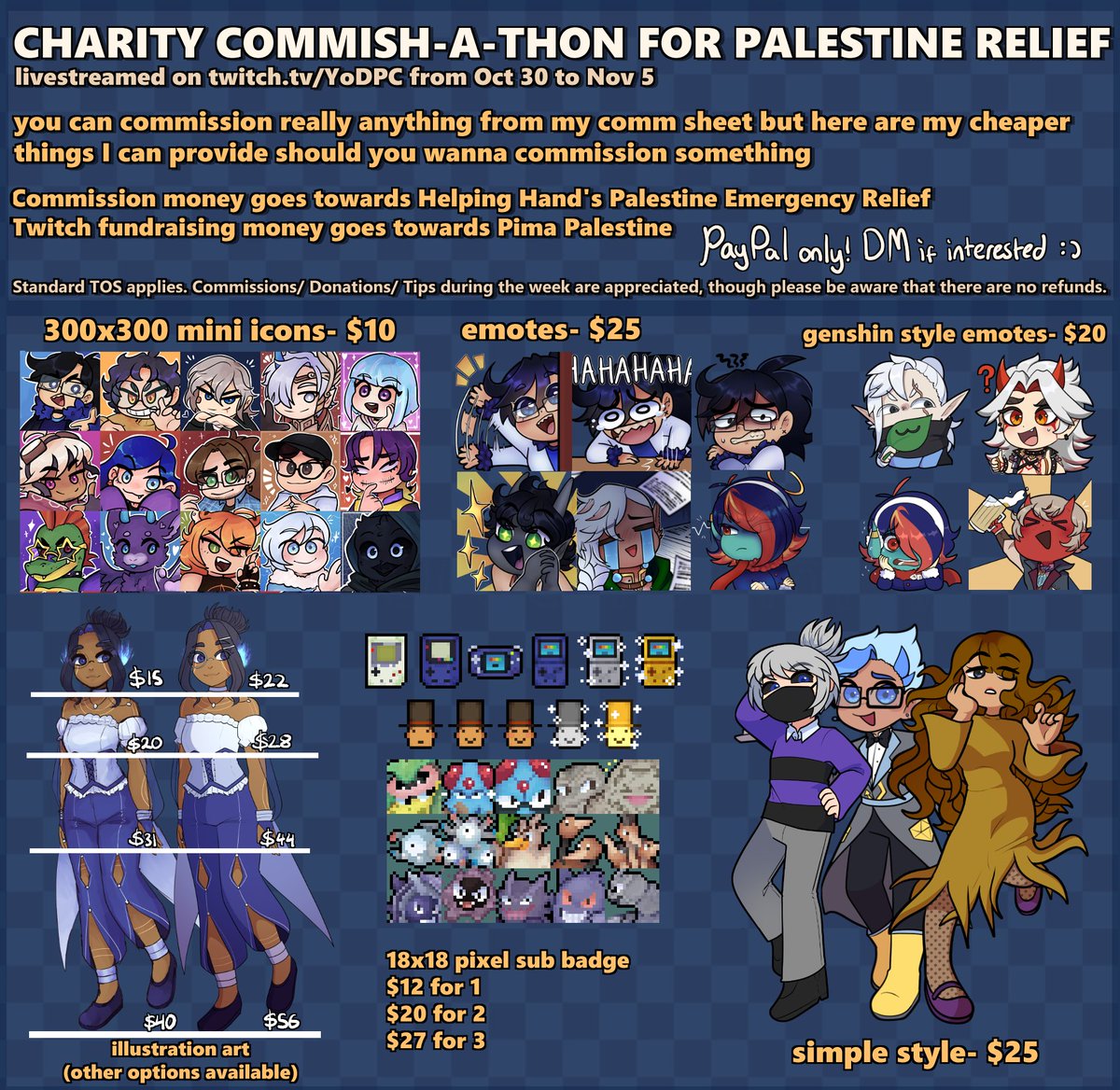 DPC_Art's tweet image. 《CHARITY COMMISH-A-THON ANNOUNCEMENT》

From Oct 30 to Nov 5 I&apos;ll be streaming every day for a week (hours vary) either working on c0mms or chilling playing a game should the wrist need to rest

all proceeds go to the charities in the graphic

more details in thread!

♥🔁