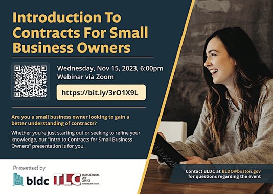 Are you a small business owner looking to gain a better understanding of contracts? Whether you're just starting out or seeking to refine your knowledge, our Intro to Contracts for Small Business Owners presentation is for you. Register Here: bit.ly/3rO1X9L