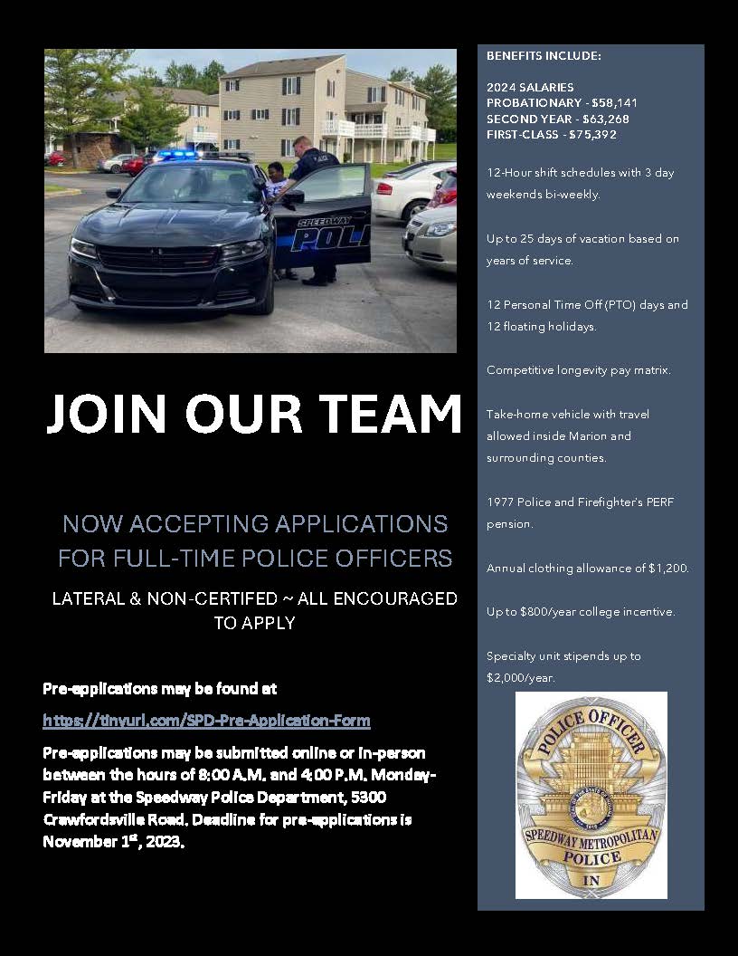 **Only 1 Week Remains** Submit your pre-application to be considered for full-time police officer positions at Speedway PD. Visit the following link to apply.
tinyurl.com/SPD-Pre-Applic…