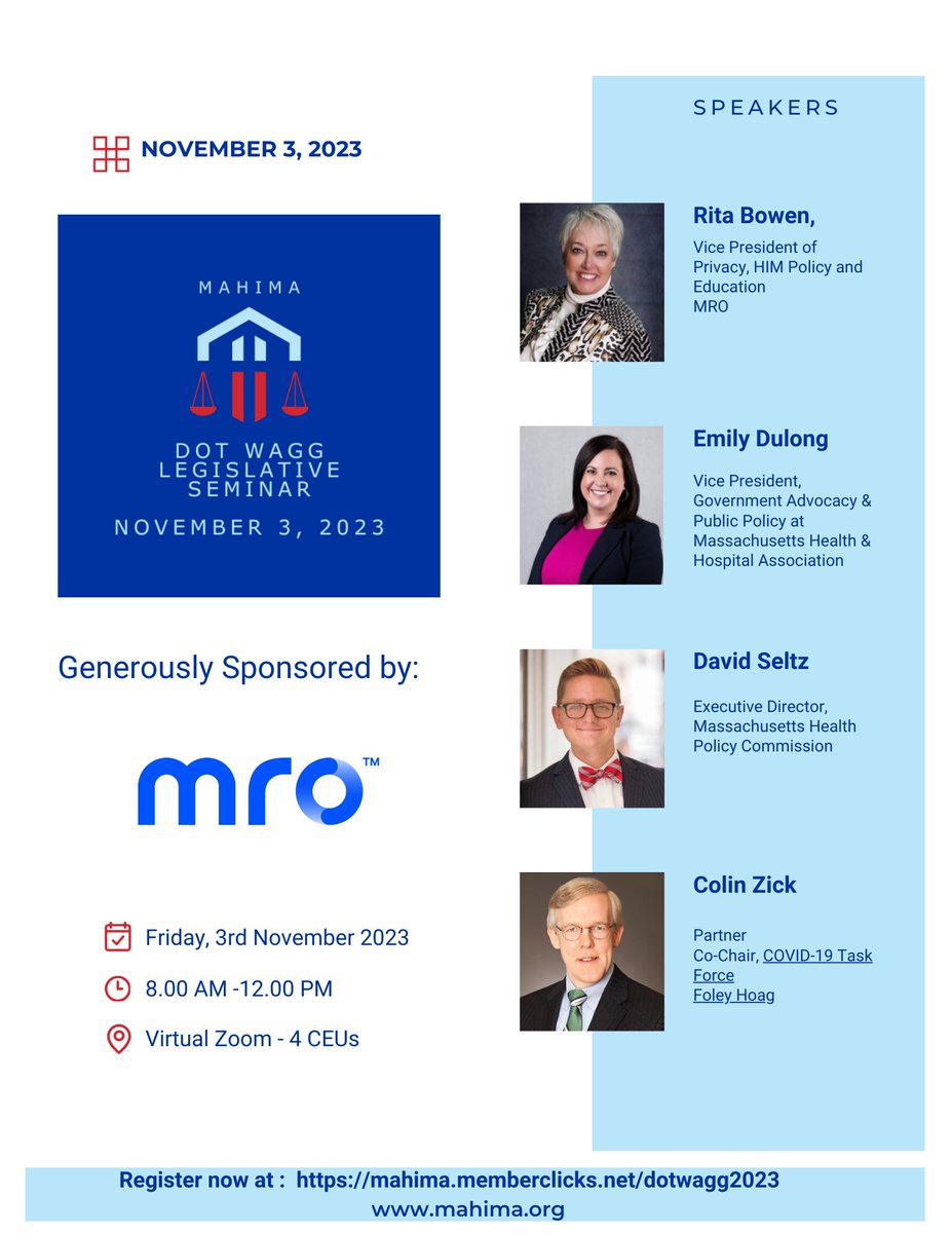 Registration is still open for our MaHIMA  Dot Wagg Legislative Virtual Seminar coming up next week on Friday,  November 3, 2023.  Our agenda can be found here:  lnkd.in/erd-m5sv

Register today! lnkd.in/equ3_K3W