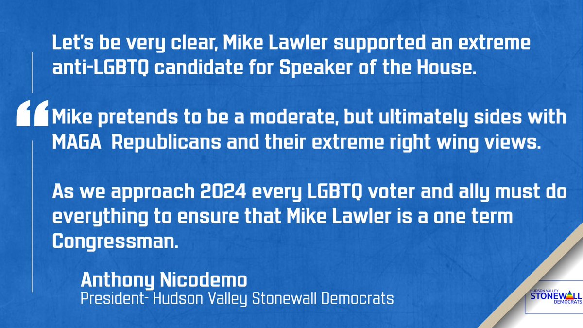 Statement on <a href="/RepMikeLawler/">Congressman Mike Lawler</a> supporting an anti-LGBTQ candidate for #SpeakeroftheHouse <a href="/News12WC/">News12WC</a> <a href="/IndivisWstchr/">IndivisibleWestchester❌👑</a> @WeAreRockU <a href="/lohud/">lohud.com</a> <a href="/MarkLungariello/">Mark Lungariello</a>