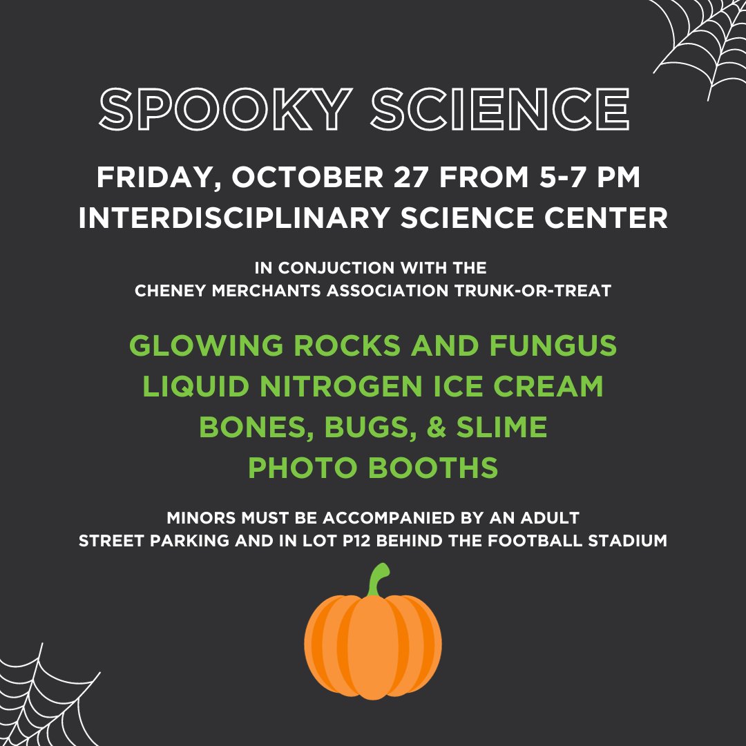 EWUCSTEM's tweet photo. EWU invites you to join us in celebrating Halloween with Spooky Science this Friday! Look for the trail of Halloween Helpers to guide you to ISC for some free fun activities🧡

Stop by for some Halloween Fun! https://t.co/juckaaaNR7