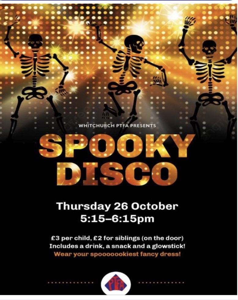 Our wonderful PTFA are looking forward to welcoming lots of children/families to tomorrow’s Spooky Disco. 
*Nursery children must be accompanied by an adult please
*Parents are invited to join their children 
Normal school uniform should be worn to school in advance of the disco