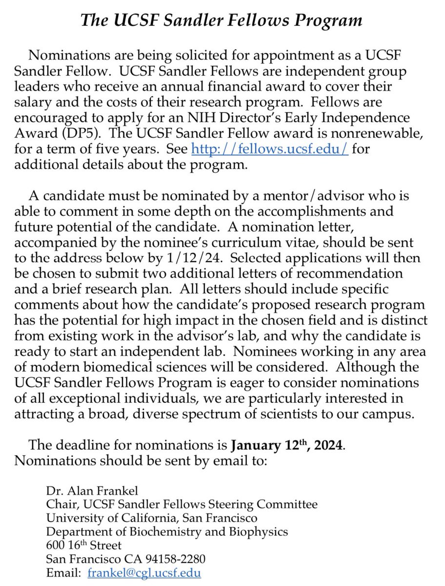 Martin Kampmann (@martinucsf) on Twitter photo Are you a highly independent senior graduate student ready to start your own lab in a supportive environment?
Check out the <a href="/UCSF/">UC San Francisco</a> Sandler fellows program! Announcement below, and see fellows.ucsf.edu for more details.
Nomination deadline: 1/12/2024 Are you a highly independent senior graduate student ready to start your own lab in a supportive environment?
Check out the <a href="/UCSF/">UC San Francisco</a> Sandler fellows program! Announcement below, and see fellows.ucsf.edu for more details.
Nomination deadline: 1/12/2024