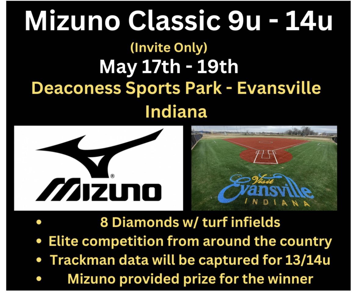 We're working with Deaconess Sports Park to bring more high quality tournaments and opportunities to this area. We're proud to announce the 1st annual Mizuno Classic! 
To request an invite visit: tiny.cc/MizunoClassic

#AshleyAcademy #evansvilleindiana #baseball