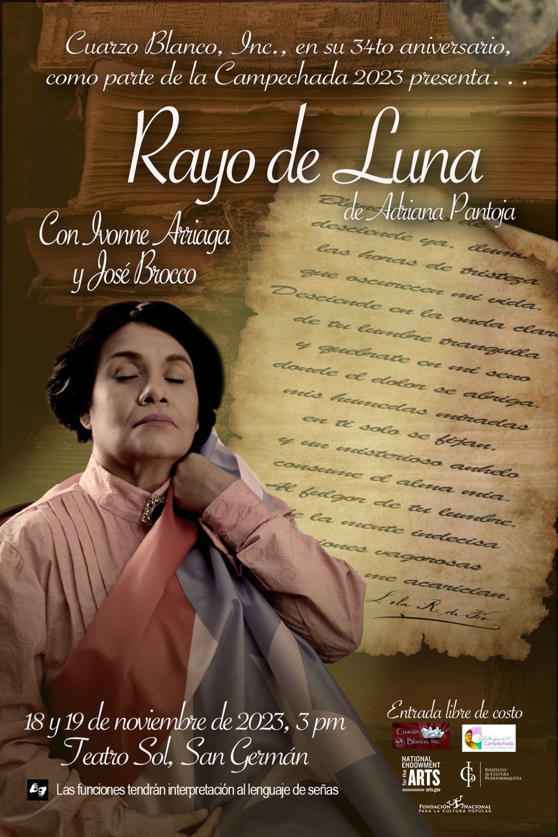 ArtefusionRadio's tweet photo. Lola Rodríguez de Tió (Ivonne Arriaga) y Bonocio Tió (José Brocco) binomio especial/necesario de nuestra historia: RAYO DE LUNA, 18-19 nov 2023, Teatro Sol, San Germán @Campechada @icppr, celebrando 34 años de @CuarzoBlancoPR. Entrada gratis. Función estudiantes 17 nov, 12:30pm https://t.co/MAIIZXSIWu