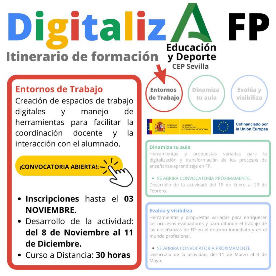 ¡Hola a tod@s! Vuelve el itinerario de formación #DigitalizaFP a nivel REGIONAL 

Si eres profe de Formación Profesional #FP y/o conoces a alguien que lo sea, ¡COMPARTE! 📲
🗓️ Inscripción: hasta el 3 de Noviembre

<a href="/CEPSevilla/">CEP de Sevilla.</a> <a href="/FPAndaluza/">Formación Profesional Andaluza</a> <a href="/EducaAnd/">Consejería Desarrollo Educativo y FP</a> 
🔗juntadeandalucia.es/educacion/secr…