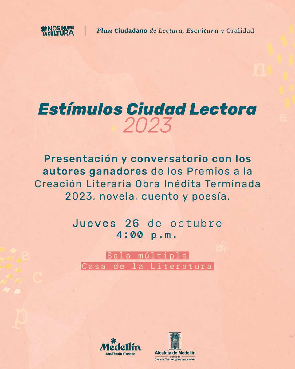 ✨Nos vemos el 26 de octubre a las 4 p.m. en La Casa de la Literatura San Germán para conversar 🗣️con los ganadores de los Premios a la Creación Literaria Obra Inédita Terminada 2023, en las categorías novela, cuento y poesía 📚