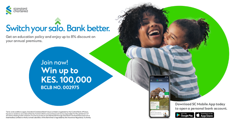 Jipange mapema na school fees ya university ama high school. From KES. 3,000 per month, you get KES. 1M sum assured and a life cover. Download the SC Mobile app, open a personal bank account and you can win up to KES. 100,000: onelink.to/vwcm9q. T&amp;Cs apply.